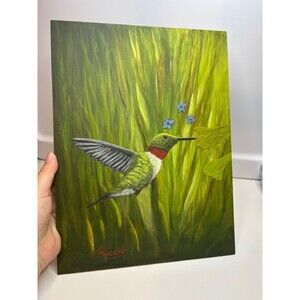 VINTAGE Oil Painting ON BOARD RUBY THROATED HUMMINGBIRD SIGNED RICHARD